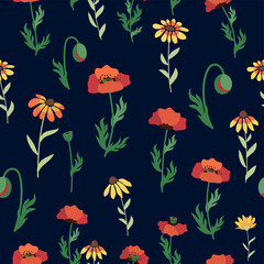 Fototapeta na wymiar Seamless pattern with red poppies, white chamomile flowers, yellow rudbeckia. Summer flower field, meadow.