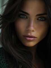 Fototapeta premium Portrait of a Beautiful Woman with Green Eyes and Dark Hairs.
