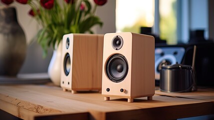 Close up of 2 Wooden Speaker over a Professional Desk of a Music Production Studio.