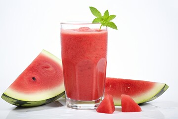 A glass of delicious bright red watermelon juice or smoothie. decorated with fresh watermelon slices isolated on white background. generative ai