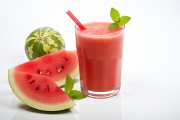 A glass of delicious bright red watermelon juice or smoothie. decorated with fresh watermelon slices isolated on white background. generative ai