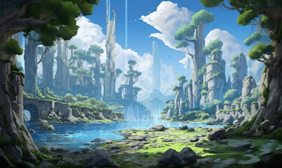 Verzauberter Wald am See mit Ruinen und Sonnenstrahlen im Sommer - Zeichnung im Anime-Stil mit Blaufilter