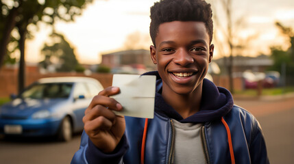 South African teen elated with new driver's license blank, ready to embrace the open road - obrazy, fototapety, plakaty