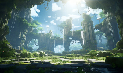 Verzauberter Wald mit Ruinen und Sonnenstrahlen im Sommer unter Wolkenhimmel - Zeichnung im Anime-Stil mit Blaufilter