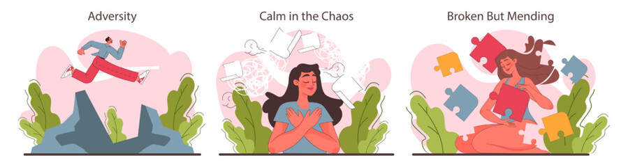 Resilience set. Mental or emotional strength, psychological flexibility.