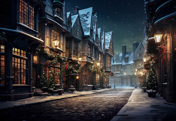 Traditional Christmas Street. People shopping at street Christmas market. Illustration, generated ai