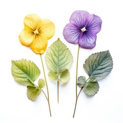 Three Pansy leaves in a set presenting unique surface textures, isolated on white background