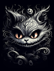 Fantasy scary smiling Cheshire Cat on black background - obrazy, fototapety, plakaty