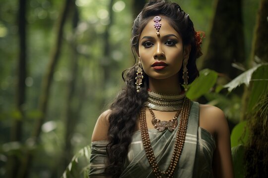 Maiden from Tripura in her traditional Risa outfit amidst the state's lush forests, a showcase of nature's beauty