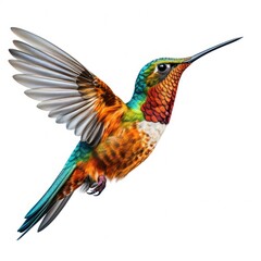 Fototapeta premium Flying hummingbird, showcasing colorful feathers and outstretched wings, isolated on white background