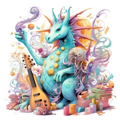Enchanting illustration of a dragon in soft shades, echoing the world of music, circled by notes...