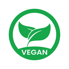 Vegan icon vector. Organic, bio, eco symbol. Vegan, no meat, lactose free, healthy, fresh and non-violent food. Green round vector illustration with leaves for stickers, labels and logos