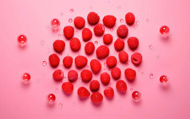 Red juicy raspberries arranged in a circle on a pink background