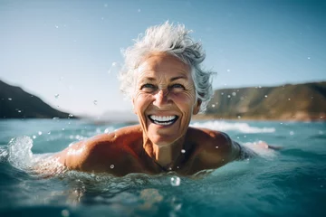 Foto op Canvas Woman old senior pool water person smile happy © SHOTPRIME STUDIO