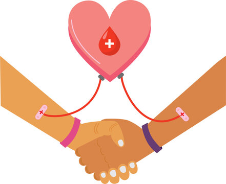 Dos brazos donando sangre conectados a un coraz&oacute;n con una gota de sangre. Vector