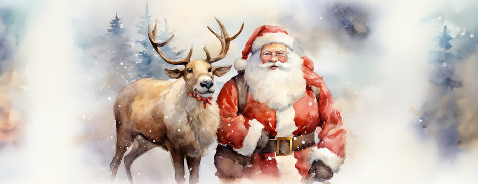 Watercolor Christmas: Cute Santa Claus and Reindeer for Festive Print and Poster.