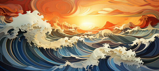 curvy seascape, radiant horizon, tranquil artistry, dramatic waves
