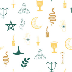 Magic and heaven seamless pattern, with magical elements such as snake, eye. Symbols and elements of the witchcraft theme.