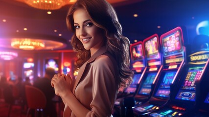 Pretty and elegant woman with long hair playing a slot machine in a casino