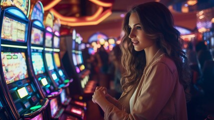 Pretty and elegant woman with long hair playing a slot machine in a casino