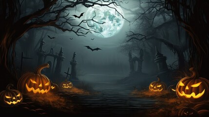 Fototapeta premium Halloween night background, full Moon, pumpkin faces, black gloomy trees and bats, copy space.