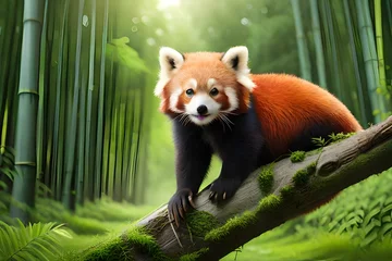 Poster Generate a picture of a baby red panda nestled among the branches of a bamboo forest © Hassan