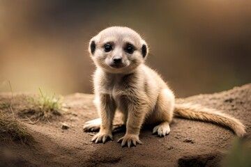 Illustrate a heartwarming portrait of a baby meerkat pup standing guard over its burrow, the pup's