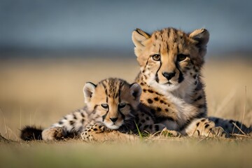 Craft a touching scene of a baby cheetah cub resting beside its mother