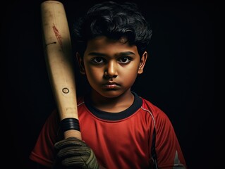 Young Indian boy, 5, in cricket gear, passion shining