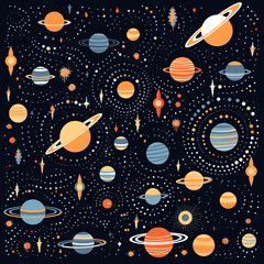 Galactic empires pattern, background, hand-drawn cartoon flat art Illustrations in minimalist vector style