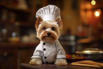 cute dog animal wearing chef uniform - obrazy, fototapety, plakaty