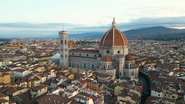 Aerial close view of the Florence Cathedral (Duomo di Firenze) at sunset, Tuscany, Italy