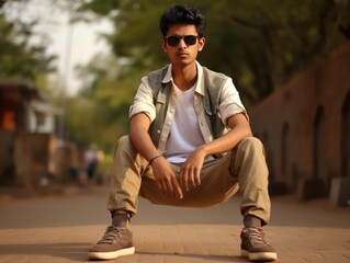 Obraz premium Young adult showcases modern style with relaxed casual attire