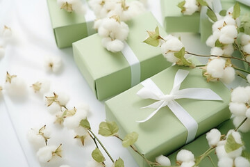 Green gifts boxes on white background with flowers cotton branches. Generative AI