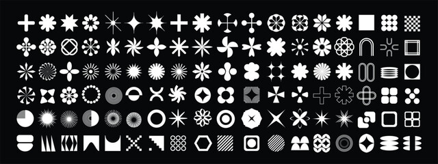 Geometric abstract flower shape set, funky star figure vector icon kit, retro brutal minimal art. Simple Memphis y2k elements collection, floral grid flat bauhaus template. Abstract flower forms