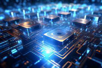 Futuristic CPUs, quantum processors in global computer networks,3D illustration of digital cyber space.