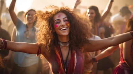 Fototapeta premium Indian young woman (30) dancing with zeal at a music festival, her moves capturing the vibrant moment