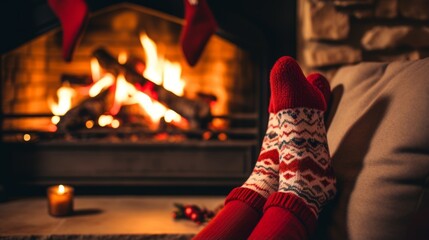 Fototapeta na wymiar Christmas socks by the fireplace. Generative AI