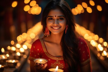 Obraz na płótnie Canvas Young woman celebrating Diwali in a red and gold saree