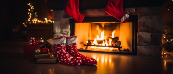 Christmas socks by the fireplace. Generative AI