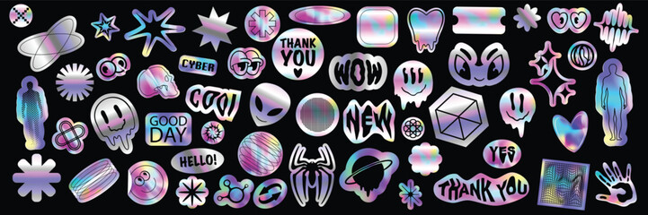 Holograph u2k sticker set, hologram cyber holo icon pack, vector space neon foil retro acid badge. Futuristic vintage stars, hype CD effect tag, trippy woman portrait clipart. Metal holograph sticker - obrazy, fototapety, plakaty