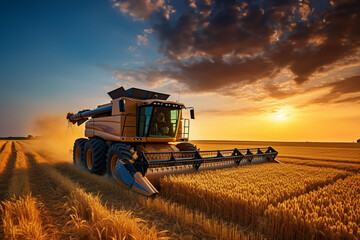 Fototapeta premium Combine harvester at gold light,