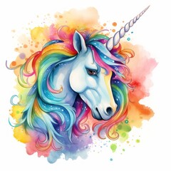 Adorable unicorn with rainbow mane showcased in watercolor clipart - obrazy, fototapety, plakaty