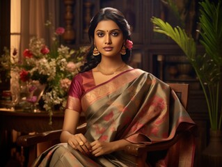 Tamil modern girl's beauty enhanced in lustrous Kanjivaram silk saree