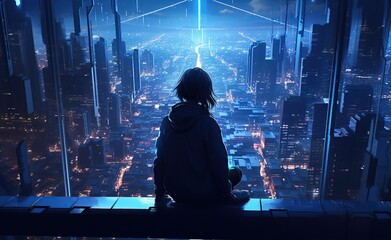 Anime girl on a city ledge