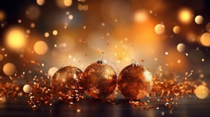Fototapeta na wymiar Abstract background of glitter lights and golden chirstmas ball, banner, AI generated