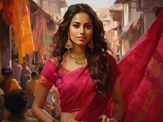 Indian girl's magenta saree shines against lively bazaar backdrop