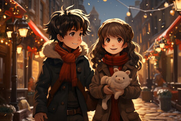 Cute couple in winter Christmas, Romantic wallpaper. Anime style characters, AI generated