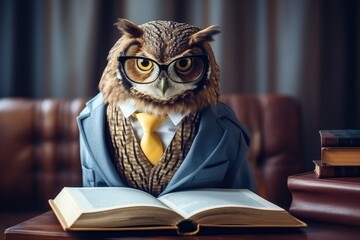 Wise Owl Scholar: This image shows an owl wearing glasses, blazer and tie, deeply immersed in a book, the quintessential image of wisdom, intelligence, and academia.