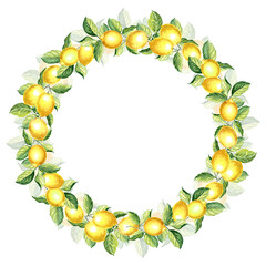 Wreath of yellow lemons with green leaves Watercolor hand drawn illustration isolated on white background for design, invitation, stickers, patterns, packaging, cards, textiles, embroidery.